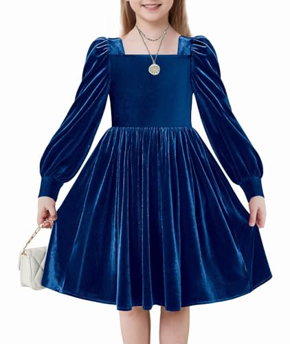 Arshiner Mädchen Samtkleid Winter Elegant Festliches Kleider mit Quadratischer Kragen Laternenärmel Freizeit Langarm Kleid für Kinder 13-14 Jahre Blau von Arshiner