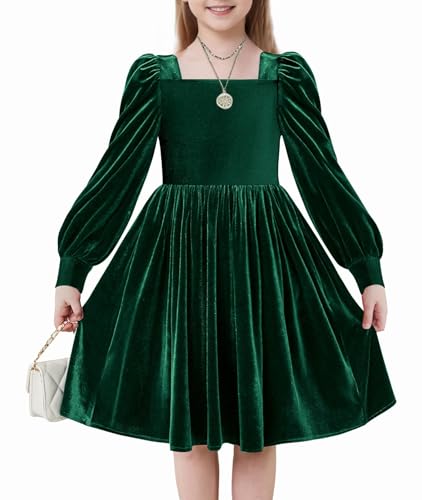 Arshiner Mädchen Samtkleid Winter Elegant Festliches Kleider mit Quadratischer Kragen Laternenärmel Freizeit Langarm Kleid für Kinder 6-7 Jahre Grün von Arshiner