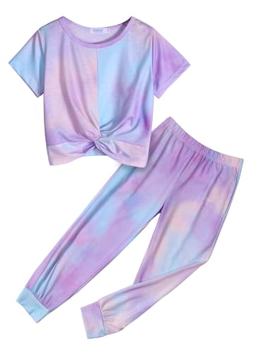 Arshiner Mädchen Schlafanzüge Batik Kinder Sommer Pyjama-Set Leicht Kurzarm Tie-dye Schlafanzug für Mädchen 8-9 Jahre von Arshiner