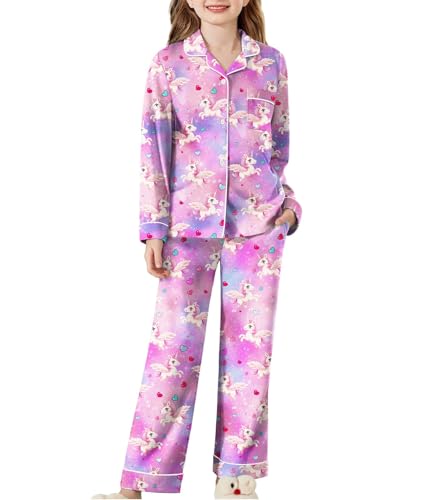 Arshiner Mädchen Schlafanzüge Winter Kinder Langarm Pyjama Set Bequem Cartoon Bedrucktes Nachtwäsche Langarmshirt mit Hose Set 9-10 Jahre von Arshiner