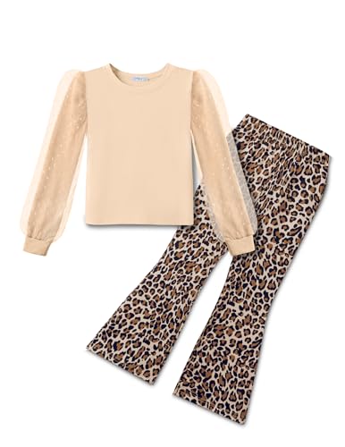 Arshiner Mädchen Set Khaki Langarmshirt mit Leopard Schlaghose Herbst Kinder Outfit Winter Freizeit Kinderkleidung 110/5-6 Jahre von Arshiner