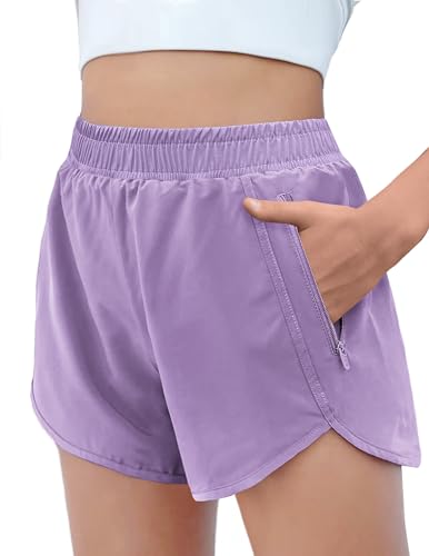 Arshiner Mädchen Shorts Lila Sporthose Sommer Activewear Kinder Freizeit Kurze Hose Athletisch Shorts Running Radlerhose mit Zip-Taschen 150/11-12 Jahre von Arshiner