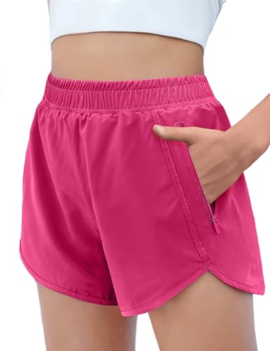 Arshiner Mädchen Sport Shorts Rosenrot Sporthose Sommer Gym Shorts Kinder Kurze Hose Trainingshose mit Mesh Liner Running Radlerhose mit Zip-Taschen 160/13-14 Jahre von Arshiner