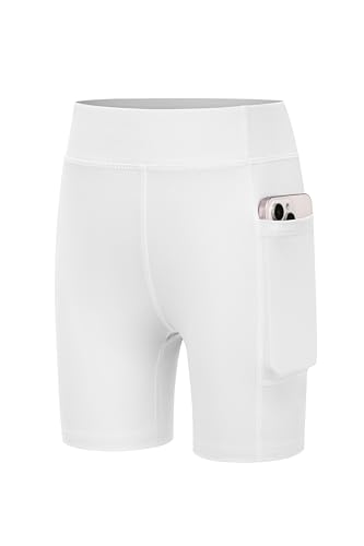 Arshiner Mädchen Shorts Sport Leggings Kurze Hose Weiß Kinder Radlerhose Atmungsaktiv Hohe Taille Turnhose mit Tasche 140/9-10 Jahre von Arshiner