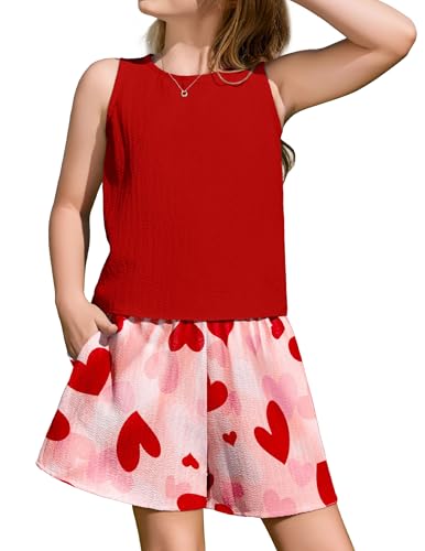 Arshiner Mädchen Sommer Bekleidungssets Sommer Lässige Mode Einfarbig Tanktop und Shorts Sets Kinder 2-teiliges Kleidungsset Strand-Outfits Herzen-Print 150 11-12 Jahre von Arshiner