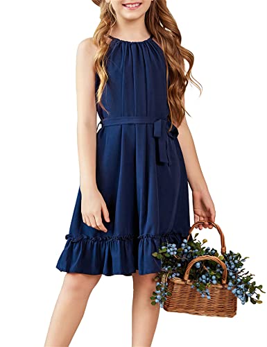 Arshiner Mädchen Sommer Kleid Blau Neckholder Abendkleid Rüschensaum Midikleid A-Linie Partykleider Kinder Festliche Kleider Marineblau Freizeitkleid Mädchenkleidung mit Gürtel 160/13-14 Jahre von Arshiner