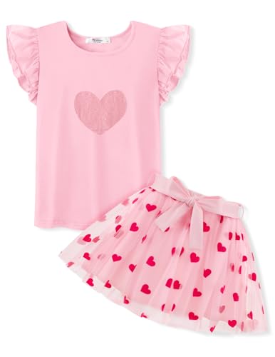 Arshiner Mädchen Sommer Kleidungsset Rosa Rüschenärmel Tshirts mit Tüllrock Kinder Kleider Festlicheskleid Mode Outfit Kinderkleid Party Geburtstag Kleidungsset für Mädchen mit Gürtel 110/5-6 Jahre von Arshiner