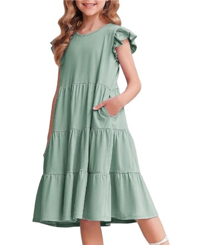 Arshiner Mädchen Kleider Rüschenärmel Sommer Kinder Baumwolle Freizeitkleid Rundhals ärmellos Swing Festliches Kleid für Mädchen 12-13 Jahre Grün von Arshiner