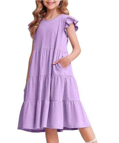 Arshiner Mädchen Kleider Rüschenärmel Sommer Kinder Baumwolle Freizeitkleid Rundhals ärmellos Swing Festliches Kleid für Mädchen 12-13 Jahre Lila von Arshiner