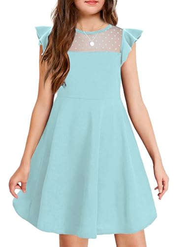 Arshiner Mädchen Sommer Kleid Rüschenärmel Partykleid Freizeitkleid Rundhals Kurzarm Festliches Kleider für Kinder Blau 150 von Arshiner