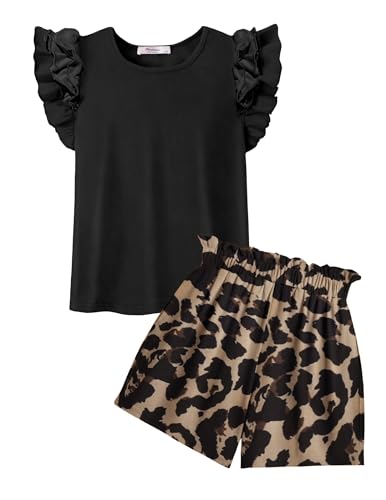 Arshiner Mädchen Sommer Kleidung Set Festliches Bekleidungssets Kinder Outfit Schwarz T-Shirt Leopard Print Shorts Zweiteiler Mode Mädchenkleidung mit Tasche 8-9 Jahre von Arshiner