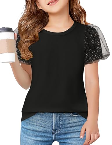 Arshiner Mädchen Sommer Tshirt Schwarz Bluse Klassiker Shirt Kinder Puffärmel Tunika Lockeres Mode Elegante Oberteile Freizeit Tops Kinderkleidung 130/7-8 Jahre von Arshiner