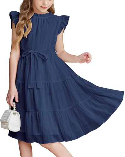 Arshiner Mädchen Sommerkleid Blau Kleid Chiffon Kinderkleider Festkleider Kinder Einschulungskleider Rüschenkleid Ballkleider mit Gürtel 9-10 Jahre von Arshiner