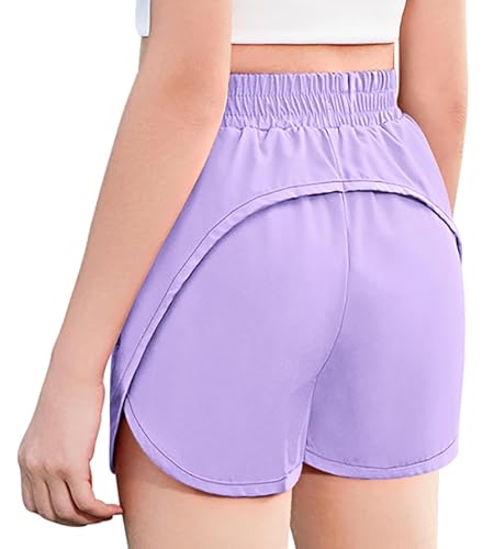 Arshiner Mädchen Sport Shorts mit elastischem Bund Trainingsshorts mit Netzfutter und Reißverschlusstasche für Kinder Violett 150 11-12 Jahre von Arshiner