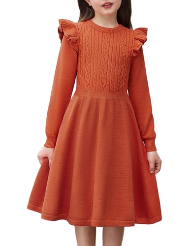 Arshiner Mädchen Strickkleid Langarm Herbst Winter Pullover Kleid Kinder Einfarbig Festlich Langarmkleid Freizeitkleid Braun 6/5-6 Jahre von Arshiner