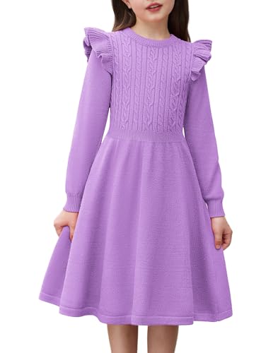 Arshiner Mädchen Strickkleid Pullover Kleid Langarm Herbst Winter Kleid Kinder Rundhalsausschnitt A-Linie Festlich Freizeitkleider Lila 14/10-11 Jahre von Arshiner