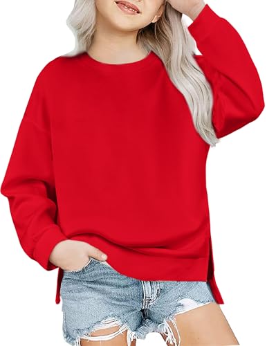 Arshiner Mädchen Sweatshirt Basic Ultrabequem Herbst Winter Rundhals Pullover Einfarbiges Freizeit Sport Mode Langarmshirts für Kinder 13-14 Jahre Rot von Arshiner