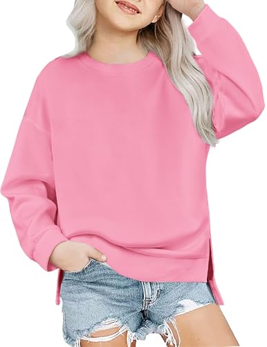 Arshiner Mädchen Sweatshirt Basic Ultrabequem Herbst Winter Rundhals Pullover Einfarbiges Freizeit Sport Mode Langarmshirts für Kinder 11-12 Jahre Pink von Arshiner