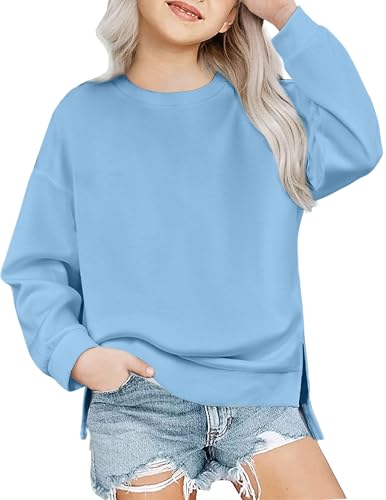 Arshiner Mädchen Sweatshirt Basic Ultrabequem Herbst Winter Rundhals Pullover Einfarbiges Freizeit Sport Mode Langarmshirts für Kinder 13-14 Jahre Blau von Arshiner