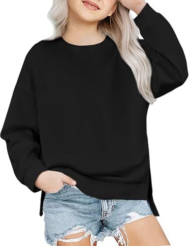 Arshiner Mädchen Sweatshirt Basic Ultrabequem Herbst Winter Rundhals Pullover Einfarbiges Freizeit Sport Mode Langarmshirts für Kinder 13-14 Jahre Schwarz von Arshiner