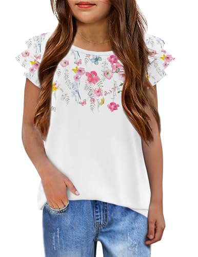 Arshiner Mädchen T-Shirt Gewellte Ärmel Kinder Sommer Rundhals Kurzarm Oberteile Lässig Mode Einfarbig Tshirts für Mädchen 5-6 Jahre Blumen von Arshiner