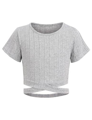 Arshiner Mädchen T-Shirt Kurze Kinder Sommer Bauchfrei Shirts Tops Freizeit Mode Tshirts für Mädchen 11-12 Jahre Grau von Arshiner
