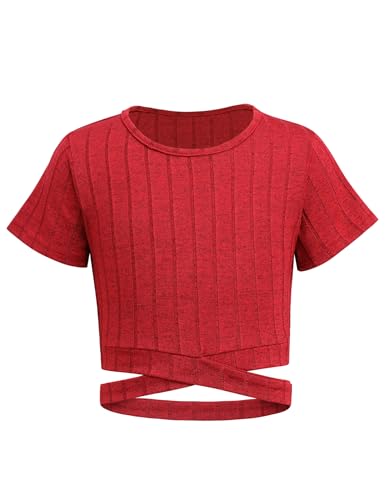 Arshiner Mädchen T-Shirt Kurze Kinder Sommer Bauchfrei Shirts Tops Freizeit Mode Tshirts für Mädchen 13-14 Jahre Rot von Arshiner