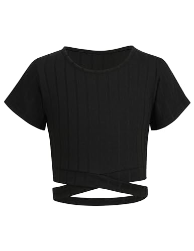 Arshiner Mädchen T-Shirt Kurze Kinder Sommer Bauchfrei Shirts Tops Freizeit Mode Tshirts für Mädchen 13-14 Jahre Schwarz von Arshiner