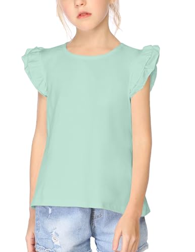 Arshiner Mädchen T-Shirt Rüschenärmel Kinder Sommer Freizeit Tops Basic Einfarbig Kurzarm Shirt Tunika Tshirts für Mädchen 5-6 Jahre von Arshiner