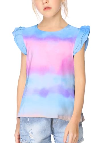 Arshiner Mädchen T-Shirt Rüschenärmel Kinder Sommer Freizeit Tops Basic Einfarbig Kurzarm Shirt Tunika Tshirts für Mädchen 7-8 Jahre von Arshiner