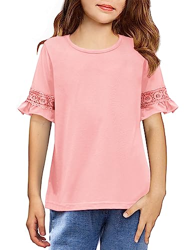 Arshiner Mädchen T-Shirts Bestickte Ärmel Kinder Freizeit Kurzarmshirt Sommer Mode Oberteile Basic Tshirt für Mädchen 6-7 Jahre 120 Rosa von Arshiner
