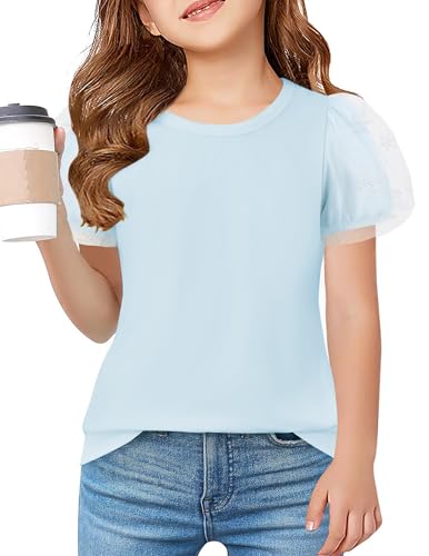Arshiner Mädchen T-Shirts Blau Rundhals Kurzarm Oberteil Kinder Freizeit Mode Tops Einfarbig Bluse Sommer Kinderkleidung für Mädchen 150/11-12 Jahre von Arshiner