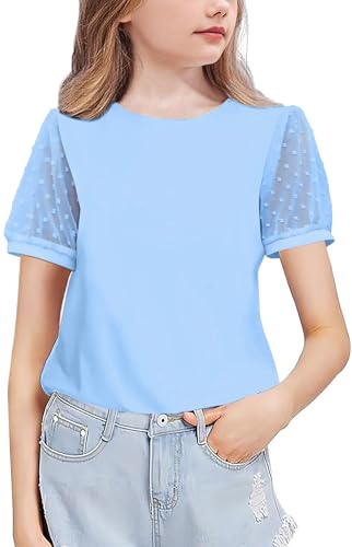 Arshiner Mädchen Chiffon Ärmel T-Shirt Baumwolle Freizeit Elegant Kurzarmshirt Mode Rundhals Bequem Oberteile Sommer Basic Tshirts für Kinder 12-13 Jahre Hellblau von Arshiner