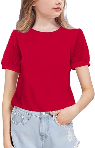 Arshiner Mädchen Chiffon Ärmel T-Shirt Baumwolle Freizeit Elegant Kurzarmshirt Mode Rundhals Bequem Oberteile Sommer Basic Tshirts für Kinder 12-13 Jahre Rot von Arshiner