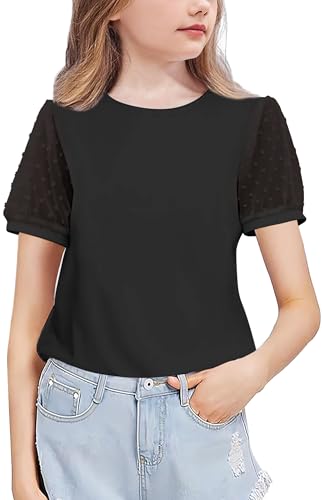 Arshiner Mädchen Chiffon Ärmel T-Shirt Baumwolle Freizeit Elegant Kurzarmshirt Mode Rundhals Bequem Oberteile Sommer Basic Tshirts für Kinder 5-6 Jahre Schwarz von Arshiner