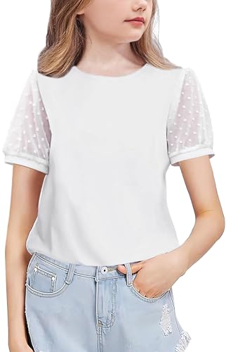 Arshiner Mädchen Chiffon Ärmel T-Shirt Baumwolle Freizeit Elegant Kurzarmshirt Mode Rundhals Bequem Oberteile Sommer Basic Tshirts für Kinder 7-8 Jahre Weiß von Arshiner