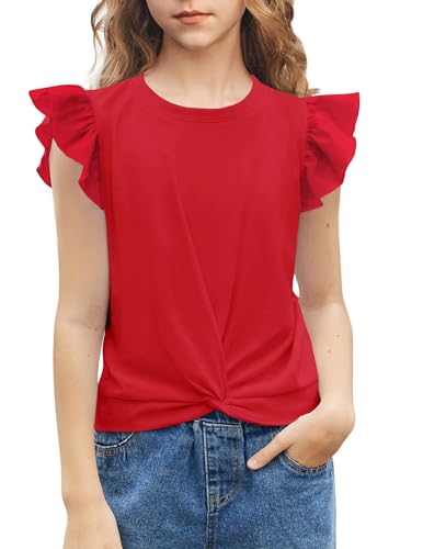 Arshiner Mädchen T-Shirts Fliegende Ärmel Freizeit Sommer Shirts Kinder Mode Rundhals Baumwolle Basic Kurzarm Tshirt für Mädchen Rot 120 von Arshiner