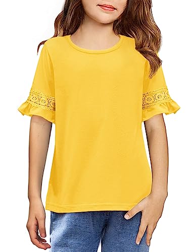 Arshiner Mädchen T-Shirts Gestickter Kurzarm Kinder Mode Freizeit Shirt Sommer Spitze Ärmel Tops Basic Tshirt für Mädchen 10-11 Jahre 140 von Arshiner