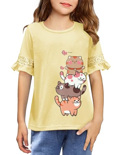 Arshiner Mädchen T-Shirts Bestickte Ärmel Kinder Freizeit Kurzarmshirt Sommer Mode Oberteile Basic Tshirt für Mädchen 12-13 Jahre 150 Katze von Arshiner