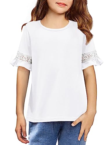 Arshiner Mädchen T-Shirts Gestickter Kurzarm Kinder Mode Freizeit Shirt Sommer Spitze Ärmel Tops Basic Tshirt für Mädchen 6-7 Jahre 120 von Arshiner