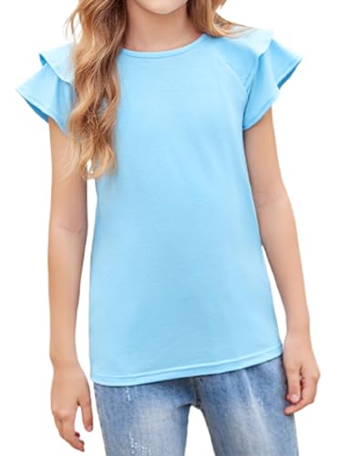 Arshiner Mädchen T-Shirts Gewellte Ärmel Kinder Sommer Rundhals Kurzarm Tops Lässig Mode Einfarbig Tshirt für Mädchen 10-11 Jahre Himmelblau von Arshiner