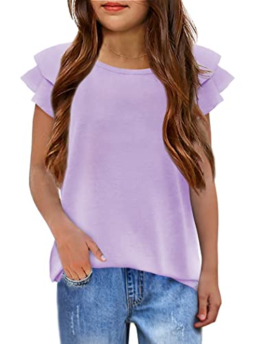 Arshiner Mädchen T-Shirts Gewellte Ärmel Kinder Sommer Rundhals Kurzarm Tops Lässig Mode Einfarbig Tshirt für Mädchen 11-12 Jahre Lila von Arshiner