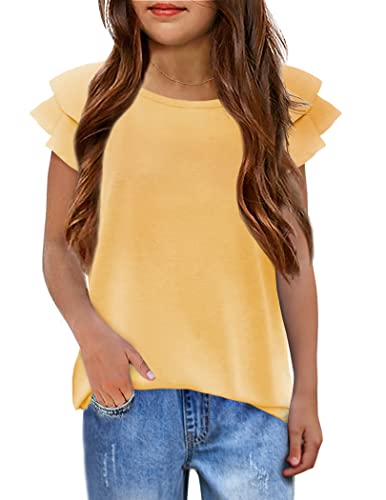Arshiner Mädchen T-Shirts Gewellte Ärmel Kinder Sommer Rundhals Kurzarm Tops Lässig Mode Einfarbig Tshirt für Mädchen 5-6 Jahre Gelb von Arshiner