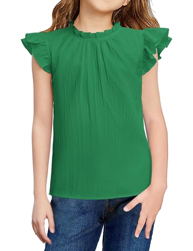 Arshiner Mädchen Bluse Grün Frühling A-Linie T-Shirts Sommer Rüschenärmel Shirt Kinder Rüschen Ausschnitt Mode Oberteile Einfarbig Freizeit Tops Kinderkleidung 130/7-8 Jahre von Arshiner
