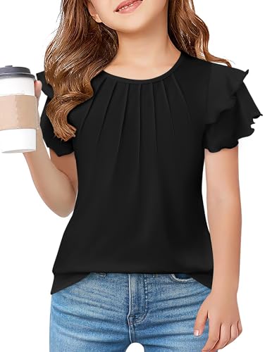 Arshiner Mädchen T-Shirts Plissiertes Oberteil Sommer Gewellte Ärmel Einfarbig Rundhals Kurzarm Tops Shirts Freizeit Tops Sommeroberteil Schwarz 140/9-10 Jahre von Arshiner