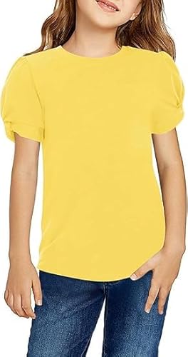 Arshiner Mädchen T-Shirts Puffärmel Sommer Kinder Freizeit Shirts Oberteile Mode Rundhals Baumwolle Basic Kurzarm Tshirt für Mädchen 12-13 Jahre Gelb von Arshiner