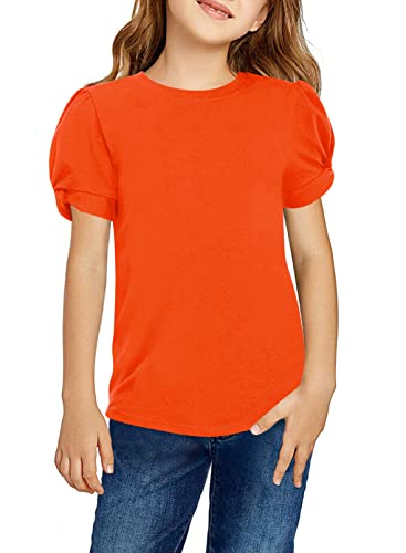 Arshiner Mädchen T-Shirts Puffärmel Sommer Kinder Freizeit Shirts Oberteile Mode Rundhals Baumwolle Basic Kurzarm Tshirt für Mädchen 6-7 Jahre Orange von Arshiner