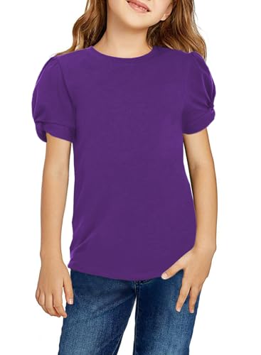 Arshiner Mädchen T-Shirts Puffärmel Sommer Kinder Freizeit Shirts Oberteile Mode Rundhals Baumwolle Basic Kurzarm Tshirt für Mädchen 6-7 Jahre Violett von Arshiner