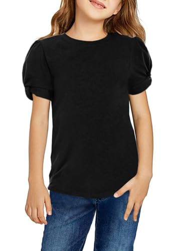 Arshiner Mädchen T-Shirts Puffarm Sommer Freizeit Kinder Shirts Oberteile Mode Rundhals Baumwolle Basic Kurzarm Tshirt für Mädchen 10-11 Jahre Schwarz von Arshiner