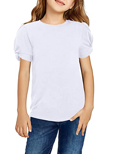 Arshiner Mädchen T-Shirts Puffarm Sommer Freizeit Kinder Shirts Tops Mode Rundhals Baumwolle Basic Kurzarm Tshirt für Mädchen 10-11 Jahre Weiß von Arshiner